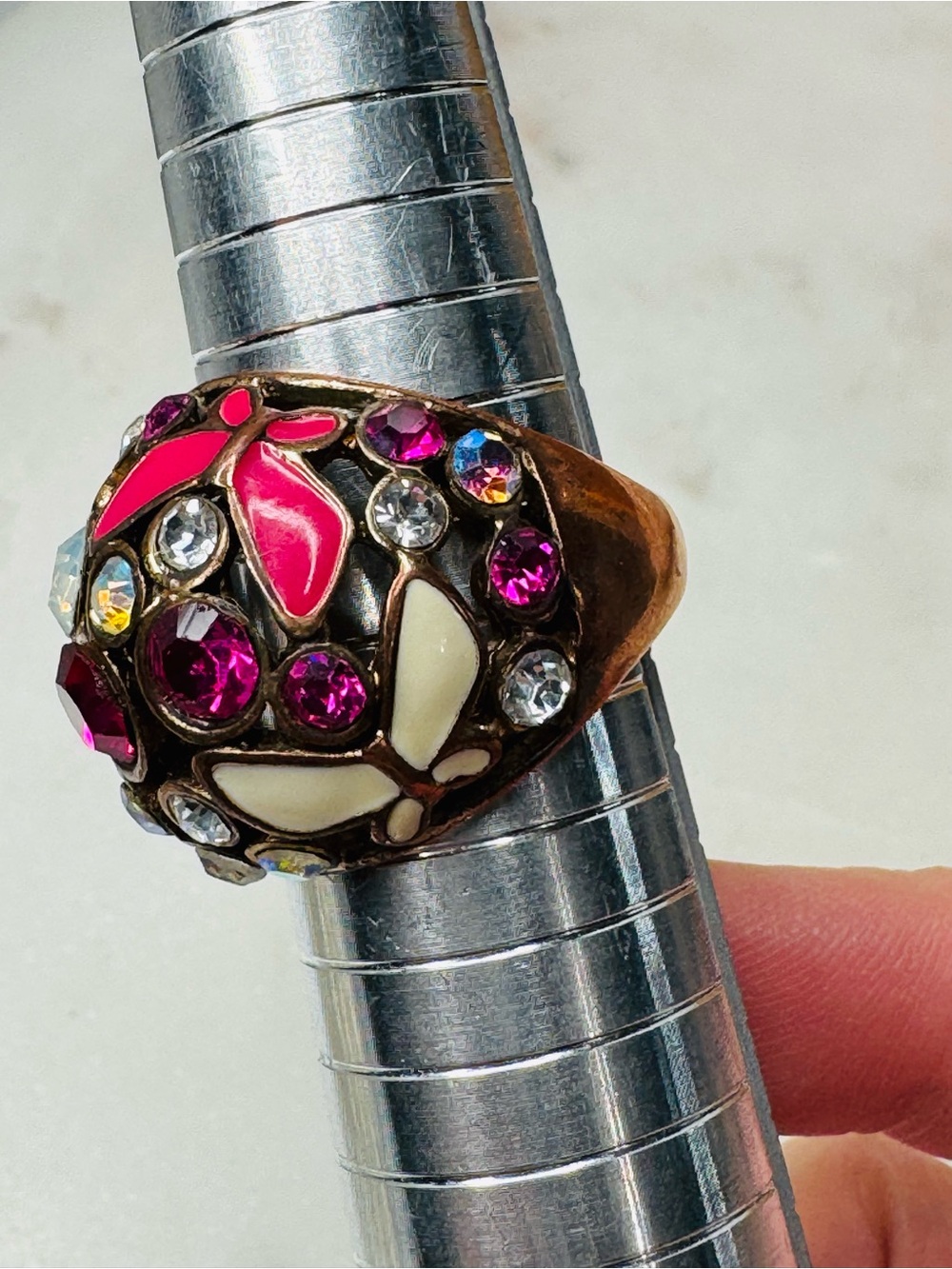 Statement Dome Cocktail Ring with Pink and White Enamel Butterflies - Picture 3 of 6